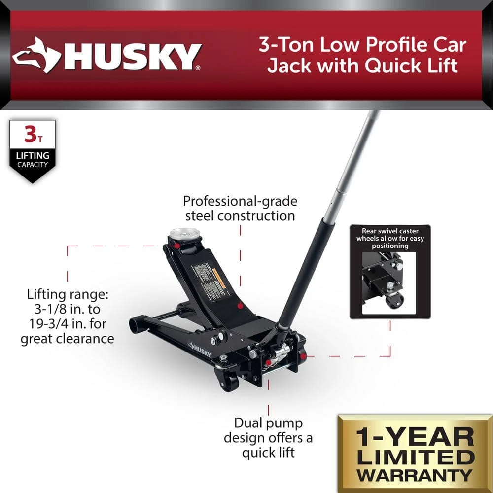 Husky 3-Ton Low Profile Floor Jack With Quick Lift 2 Husky 3-Ton Low Profile Floor Jack With Quick Lift - Image 2