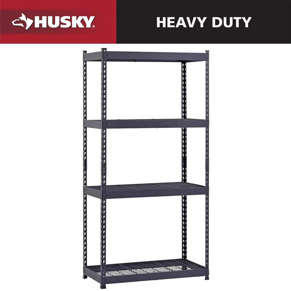 Husky 4-Tier Heavy Duty Boltless Steel Garage Storage Shelving Unit In Black (36 In. W X 72 In. H X 18 In. D) 1 Husky 4-Tier Heavy Duty Boltless Steel Garage Storage Shelving Unit In Black (36 In. W X 72 In. H X 18 In. D)