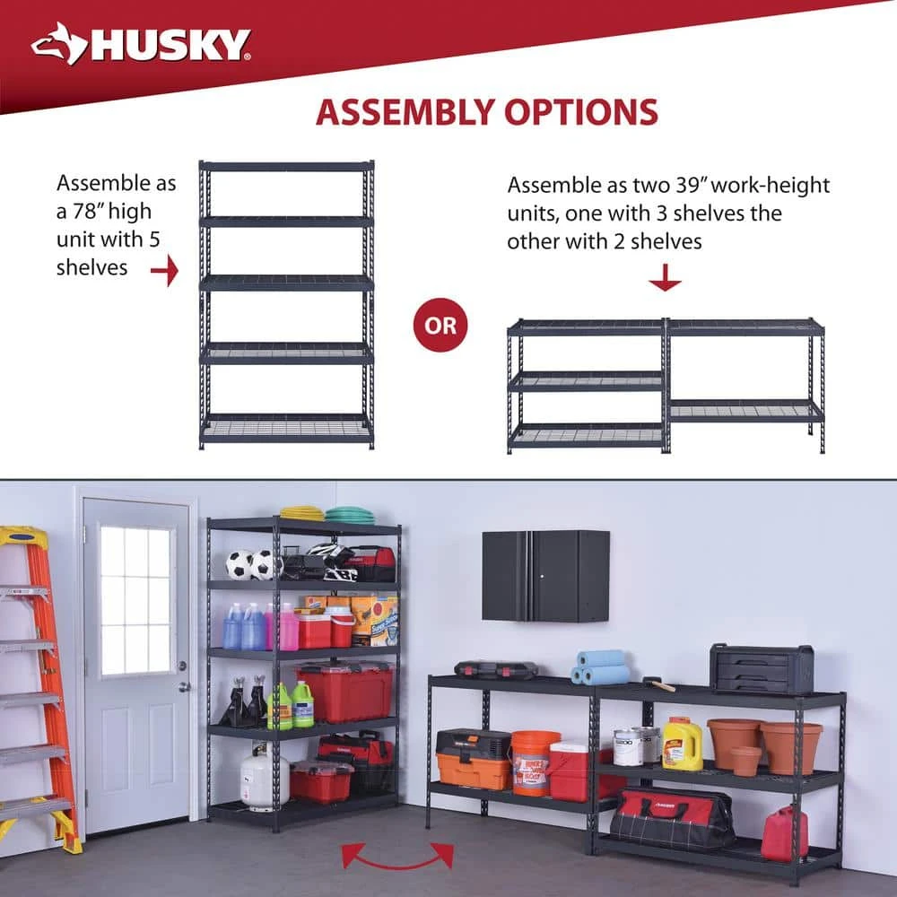 Husky 5-Shelf Metal Heavy-Duty Adjustable Garage Storage Shelving Unit In Black (48 In. W X 78 In. H X 24 In. D) 13 Husky 5-Shelf Metal Heavy-Duty Adjustable Garage Storage Shelving Unit In Black (48 In. W X 78 In. H X 24 In. D) - Image 13