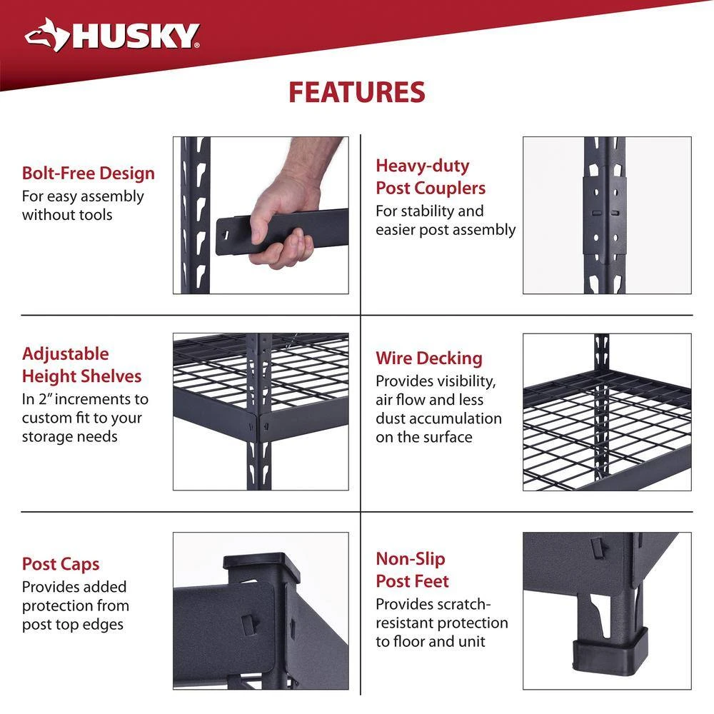 Husky 5-Shelf Metal Heavy-Duty Adjustable Garage Storage Shelving Unit In Black (48 In. W X 78 In. H X 24 In. D) 8 Husky 5-Shelf Metal Heavy-Duty Adjustable Garage Storage Shelving Unit In Black (48 In. W X 78 In. H X 24 In. D) - Image 8