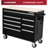 Husky 42 In. W X 18 In. D 8-Drawer Black Mobile Workbench Cabinet With Solid Wood Top