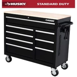 Husky 42 In. W X 18 In. D 8-Drawer Black Mobile Workbench Cabinet With Solid Wood Top