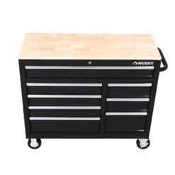 Husky 42 In. W X 18 In. D 8-Drawer Black Mobile Workbench Cabinet With Solid Wood Top -Husky Shop black husky mobile workbenches h42mwc8blk a0 1000