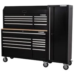 Husky Modular Tool Storage 72 In. W Standard Duty Black Mobile Workbench With 8-Drawer Top Tool Chest And 20 In. Side Locker -Husky Shop black husky mobile workbenches h52modsuite3 1d 1000