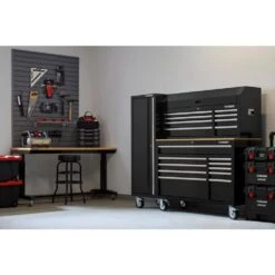Husky Modular Tool Storage 72 In. W Standard Duty Black Mobile Workbench With 8-Drawer Top Tool Chest And 20 In. Side Locker -Husky Shop black husky mobile workbenches h52modsuite3 4f 1000