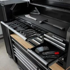Husky Modular Tool Storage 92 In. W Standard Duty Black Mobile Workbench With 52 In. Top Tool Chest And (2) 20 In Side Lockers -Husky Shop black husky mobile workbenches h52modsuite4 1d 1000