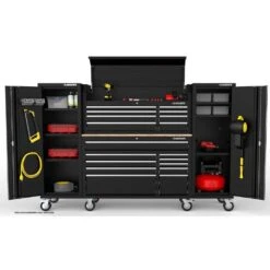 Husky Modular Tool Storage 92 In. W Standard Duty Black Mobile Workbench With 52 In. Top Tool Chest And (2) 20 In Side Lockers -Husky Shop black husky mobile workbenches h52modsuite4 31 1000