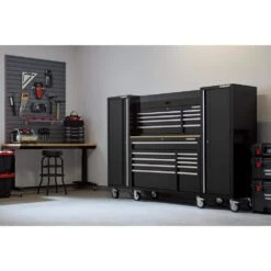 Husky Modular Tool Storage 92 In. W Standard Duty Black Mobile Workbench With 52 In. Top Tool Chest And (2) 20 In Side Lockers -Husky Shop black husky mobile workbenches h52modsuite4 66 1000