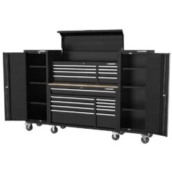 Husky Modular Tool Storage 92 In. W Standard Duty Black Mobile Workbench With 52 In. Top Tool Chest And (2) 20 In Side Lockers -Husky Shop black husky mobile workbenches h52modsuite4 77 1000