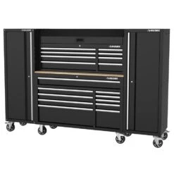 Husky Modular Tool Storage 92 In. W Standard Duty Black Mobile Workbench With 52 In. Top Tool Chest And (2) 20 In Side Lockers -Husky Shop black husky mobile workbenches h52modsuite4 a0 1000