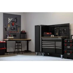 Husky Modular Tool Storage 72 In. W Standard Duty Black Mobile Workbench Cabinet With Pegboard And 20 In. Side Locker -Husky Shop black husky mobile workbenches h52modsuite5 1f 1000