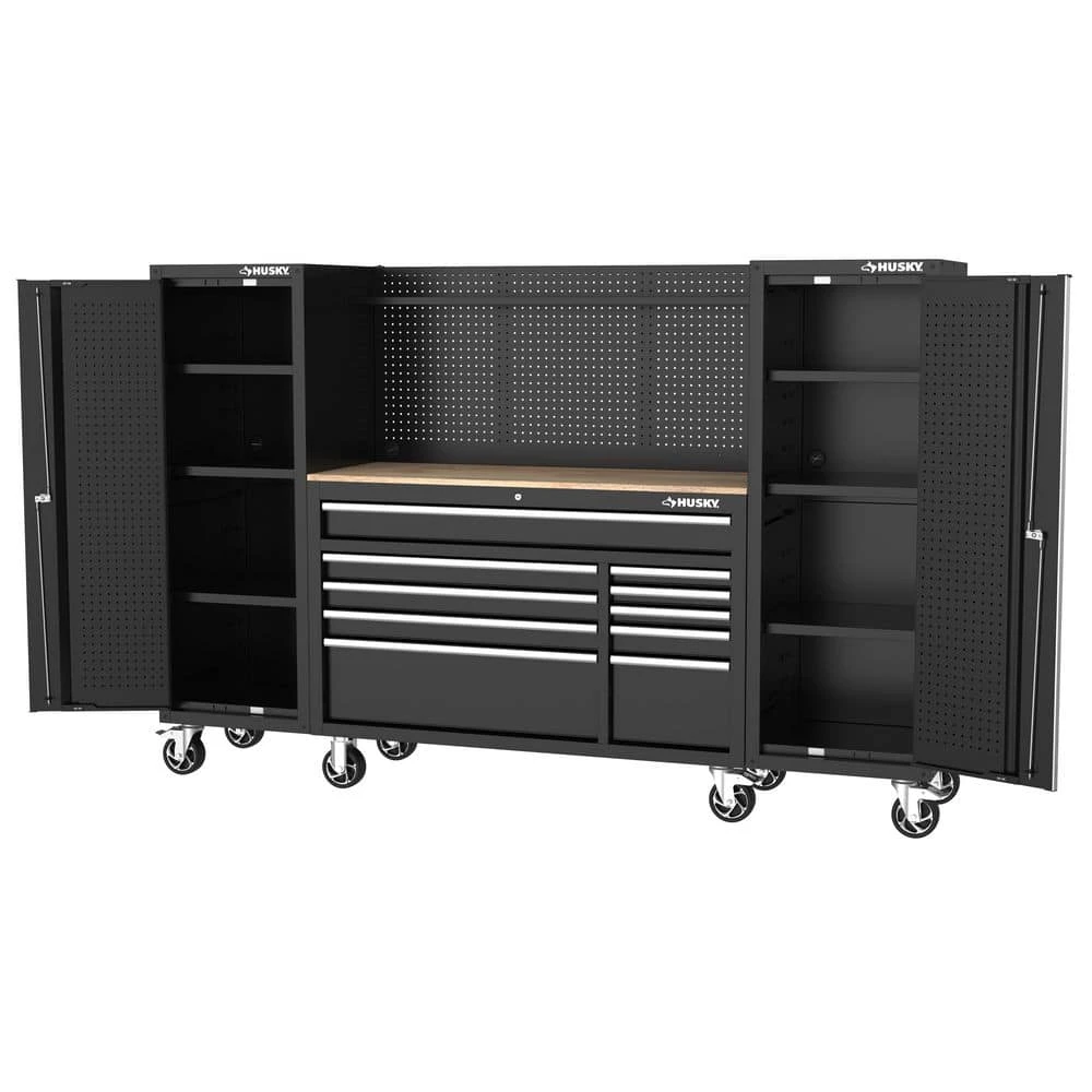 Husky Modular Tool Storage 92 In. W Standard Duty Black Mobile Workbench Cabinet With Pegboard And (2) 20 In. Side Lockers 4 Husky Modular Tool Storage 92 In. W Standard Duty Black Mobile Workbench Cabinet With Pegboard And (2) 20 In. Side Lockers - Image 4