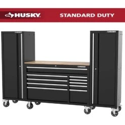 Husky Modular Tool Storage 92 In. W Standard Duty Black Mobile Workbench Cabinet With (2) 20 In. Side Lockers