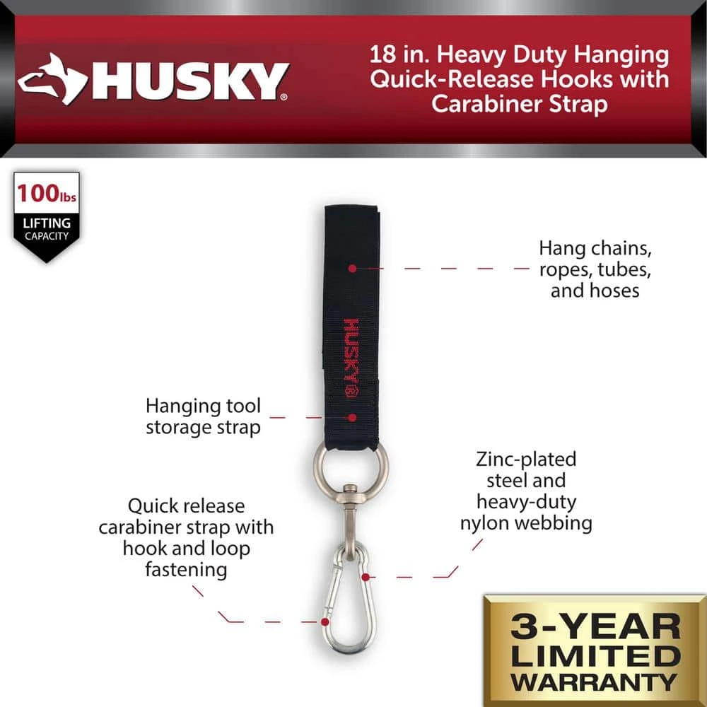 Husky 18 In. Heavy Duty Hanging Quick-Release Hooks With Carabiner Strap 2 Husky 18 In. Heavy Duty Hanging Quick-Release Hooks With Carabiner Strap - Image 2