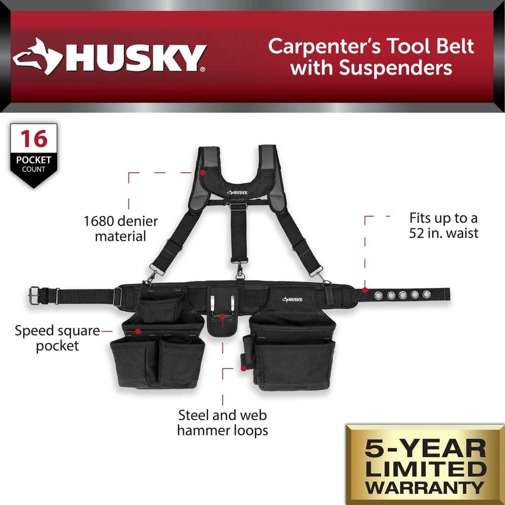 Husky 16-Pocket Black Carpenter's Tool Belt With Suspenders 2 Husky 16-Pocket Black Carpenter's Tool Belt With Suspenders - Image 2