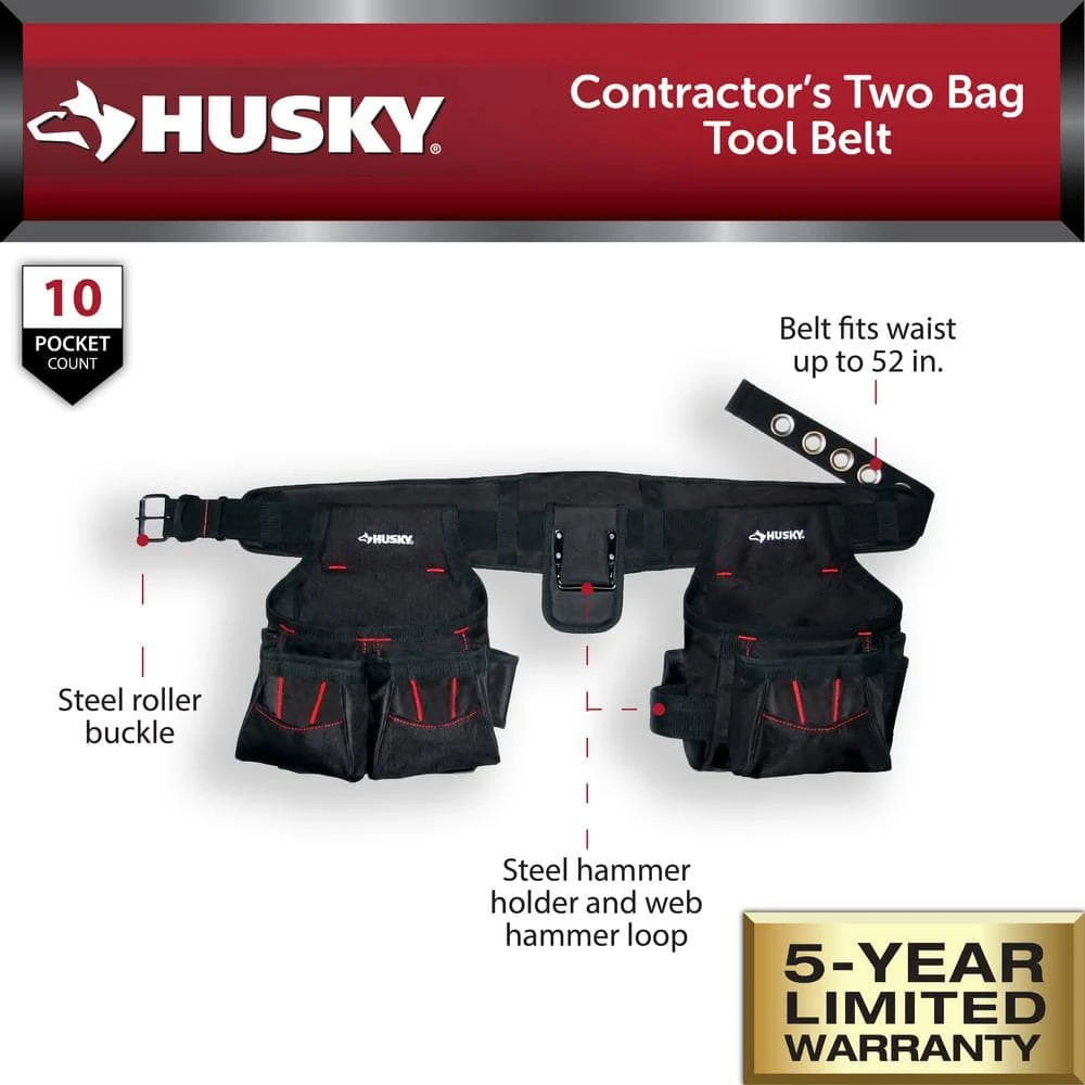 Husky 2-Bag 10-Pocket Contractor's Work Tool Belt Tool Storage In Black 2 Husky 2-Bag 10-Pocket Contractor's Work Tool Belt Tool Storage In Black - Image 2
