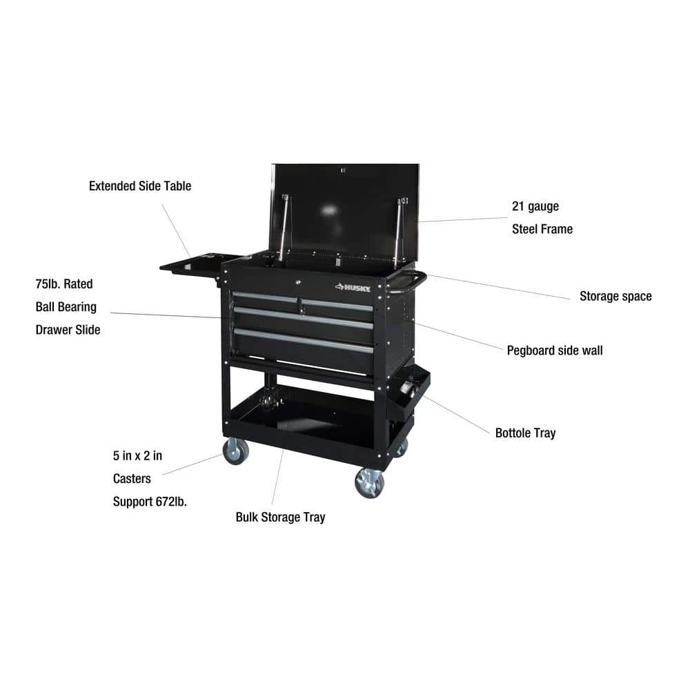 Husky Tool Storage 33 In. W Mechanics Cart With Extended Side Table And Bottle Tray 3 Husky Tool Storage 33 In. W Mechanics Cart With Extended Side Table And Bottle Tray - Image 3