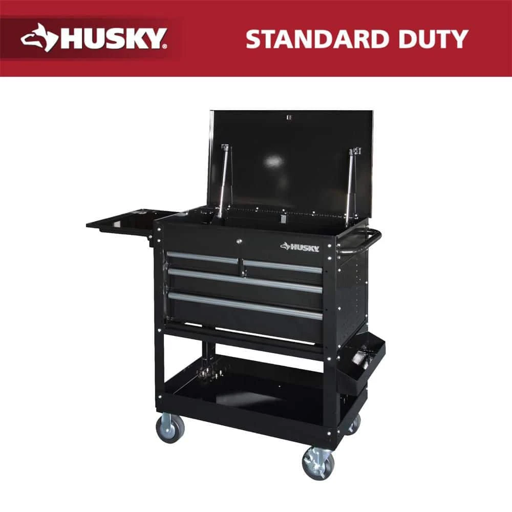 Husky Tool Storage 33 In. W Mechanics Cart With Extended Side Table And Bottle Tray 1 Husky Tool Storage 33 In. W Mechanics Cart With Extended Side Table And Bottle Tray
