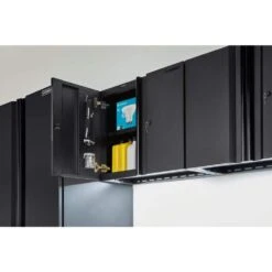 Husky Heavy Duty Welded 20-Gauge Steel Wall Mounted Garage Cabinet In Black (28 In. W X 22 In. H X 14 In. D) -Husky Shop black husky wall mounted cabinets htc1000010 31 1000