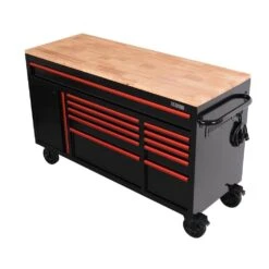 Husky Limited Edition 61 In. W X 23 In. D 11-Drawer Black Mobile Workbench Cabinet With Solid Wood Top And Red Trim -Husky Shop black mobile workbenches h61mwc11bkred 1d 1000