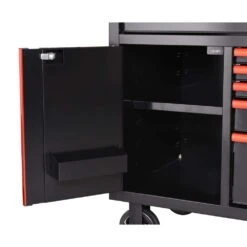 Husky Limited Edition 61 In. W X 23 In. D 11-Drawer Black Mobile Workbench Cabinet With Solid Wood Top And Red Trim -Husky Shop black mobile workbenches h61mwc11bkred 1f 1000