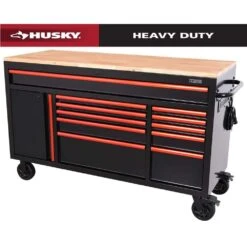 Husky Limited Edition 61 In. W X 23 In. D 11-Drawer Black Mobile Workbench Cabinet With Solid Wood Top And Red Trim