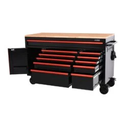 Husky Limited Edition 61 In. W X 23 In. D 11-Drawer Black Mobile Workbench Cabinet With Solid Wood Top And Red Trim -Husky Shop black mobile workbenches h61mwc11bkred a0 1000