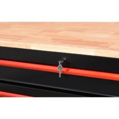 Husky Limited Edition 61 In. W X 23 In. D 11-Drawer Black Mobile Workbench Cabinet With Solid Wood Top And Red Trim -Husky Shop black mobile workbenches h61mwc11bkred fa 1000