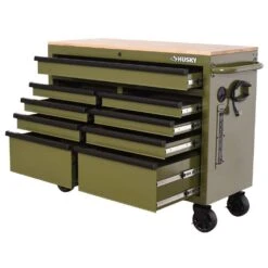 Husky 46 In. W X 18.1 In. D 9-Drawer Army Green Mobile Workbench Cabinet With Solid Wood Top -Husky Shop gloss army green husky mobile workbenches h46x18mwc9army m d4 1000