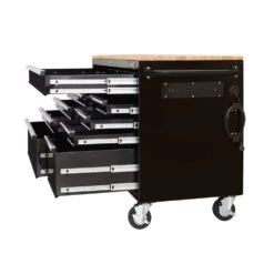 Husky 52 In. W X 25 In. D 9-Drawer Gloss Black Mobile Workbench Tool Chest With Mechanics Tool Set In Foam (370-Piece) -Husky Shop gloss black husky mobile workbenches h370eva52mwbbkcb c3 1000