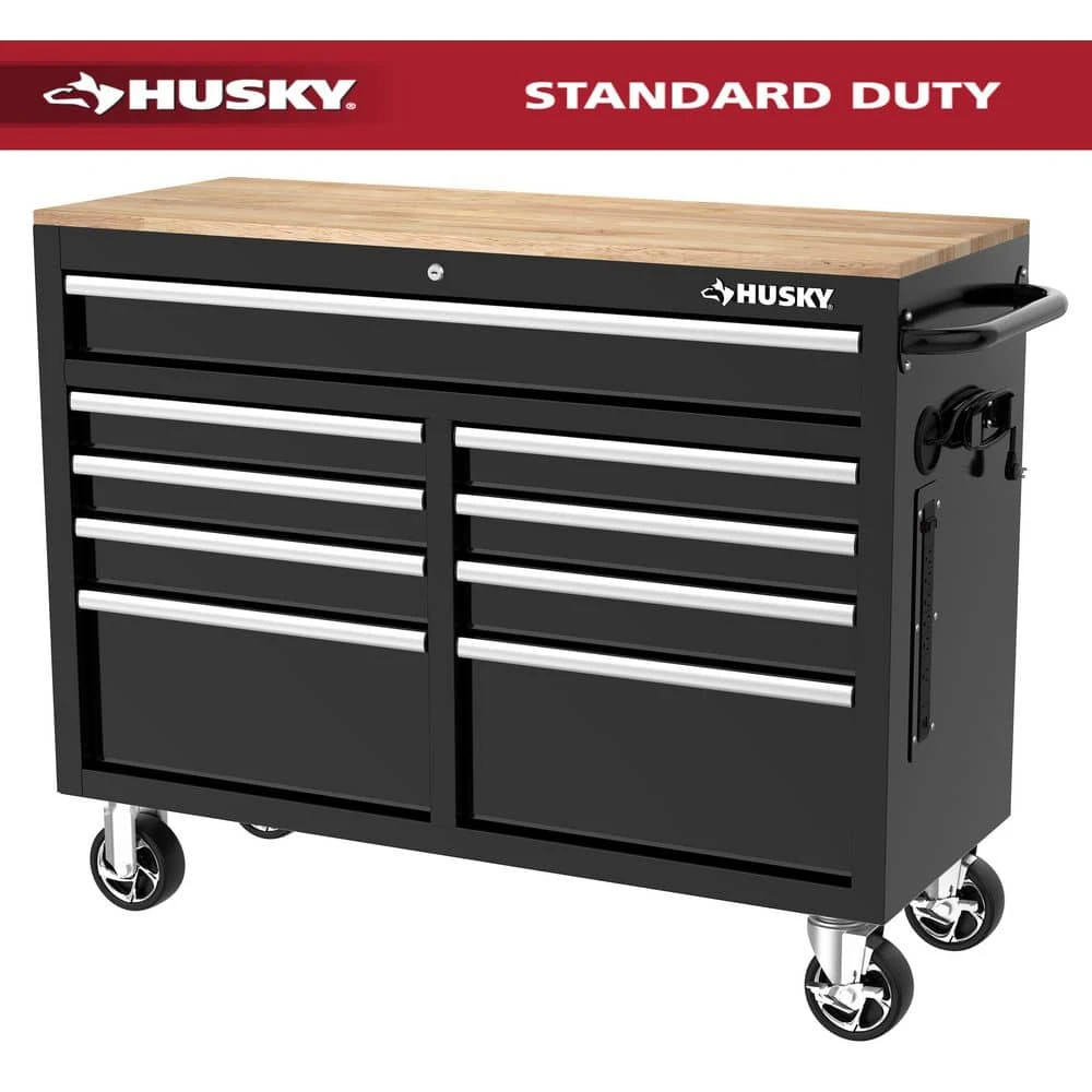 Husky Tool Storage 46 In. W X 18 In. D 9-Drawer Mobile Workbench Cabinet In Gloss Black 1 Husky Tool Storage 46 In. W X 18 In. D 9-Drawer Mobile Workbench Cabinet In Gloss Black