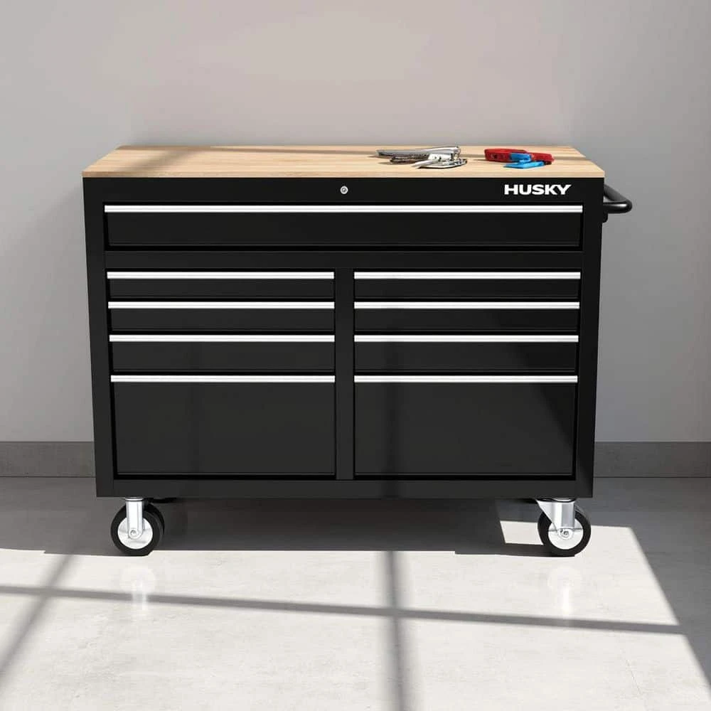 Husky Tool Storage 46 In. W X 18 In. D 9-Drawer Mobile Workbench Cabinet In Gloss Black 2 Husky Tool Storage 46 In. W X 18 In. D 9-Drawer Mobile Workbench Cabinet In Gloss Black - Image 2