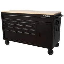 Husky 56 In. W X 24.5 In. D Deep 5-Drawer 1-Door Gloss Black Deep Tool Chest Mobile Workbench With Hardwood Top