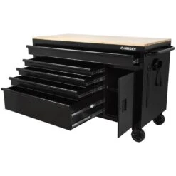 Husky 56 In. W X 24.5 In. D Deep 5-Drawer 1-Door Gloss Black Deep Tool Chest Mobile Workbench With Hardwood Top -Husky Shop gloss black husky mobile workbenches h56mwc5gbkxd tl 77 1000