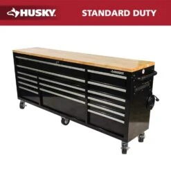 Husky 84 In. W 18 In. D 15-Drawer Mobile Workbench With Wood Top In Gloss Black