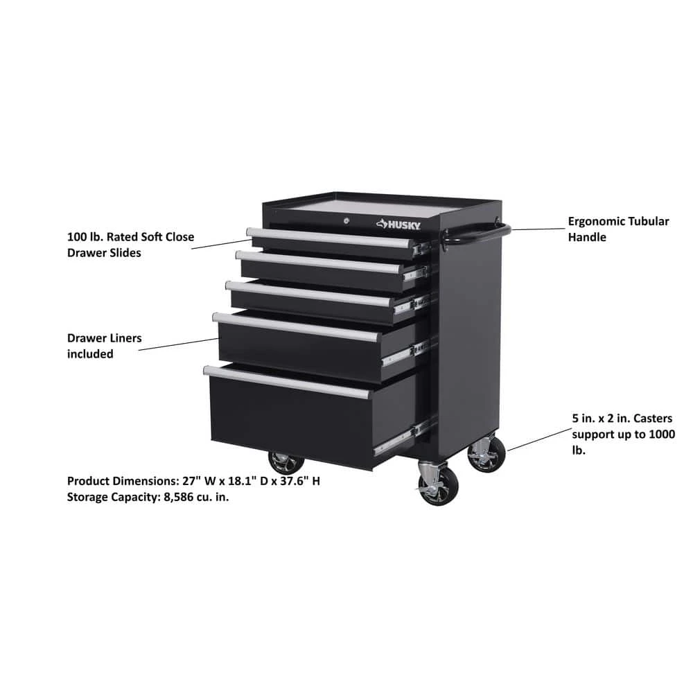 Husky Tool Storage 27 In. W X 18 In. D 5-Drawer Gloss Black Rolling Tool Cabinet 2 Husky Tool Storage 27 In. W X 18 In. D 5-Drawer Gloss Black Rolling Tool Cabinet - Image 2