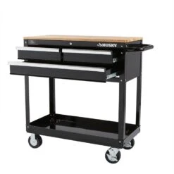 Husky Tool Storage 3-Drawer 36 In. W Standard Duty Gloss Black Rolling Tool Cart With Hardwood Top -Husky Shop gloss black husky tool carts houc3603b1qwk c3 1000