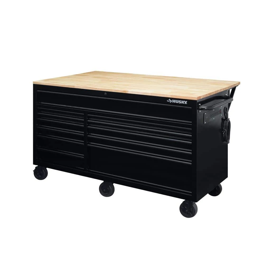 Husky 62 In. W X 36 In. D Standard Duty 12-Drawer Mobile Workbench Tool Chest With Full Length Extension Table In All Black 1 Husky 62 In. W X 36 In. D Standard Duty 12-Drawer Mobile Workbench Tool Chest With Full Length Extension Table In All Black