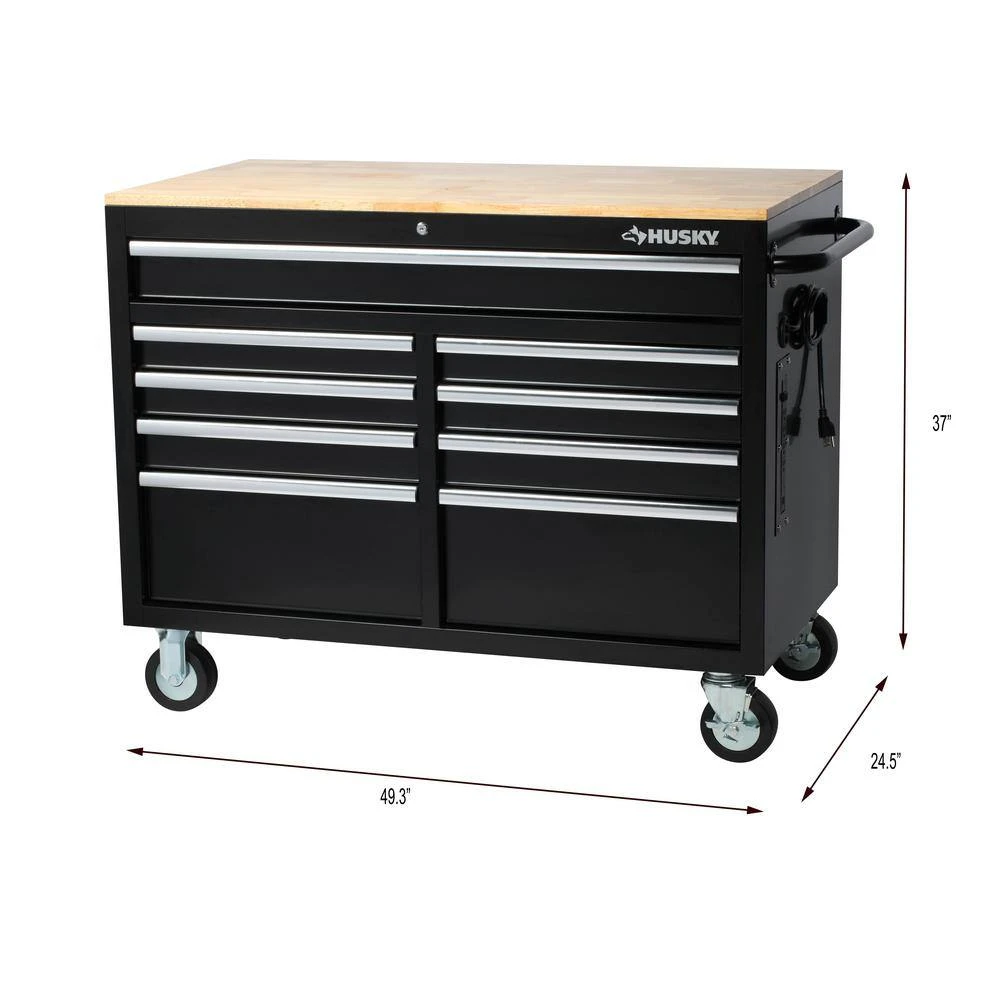 Husky 46 In. W X 24.5 In D Standard Duty 9-Drawer Mobile Workbench With Mechanics Tool Set (290-Piece) In EVA In Gloss Black 3 Husky 46 In. W X 24.5 In D Standard Duty 9-Drawer Mobile Workbench With Mechanics Tool Set (290-Piece) In EVA In Gloss Black - Image 3