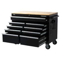 Husky 46 In. W X 24.5 In D Standard Duty 9-Drawer Mobile Workbench With Mechanics Tool Set (290-Piece) In EVA In Gloss Black 20 Husky 46 In. W X 24.5 In D Standard Duty 9-Drawer Mobile Workbench With Mechanics Tool Set (290-Piece) In EVA In Gloss Black -Husky Shop gloss black with silver trim husky mobile workbenches h290tb46blkcb 4f 1000