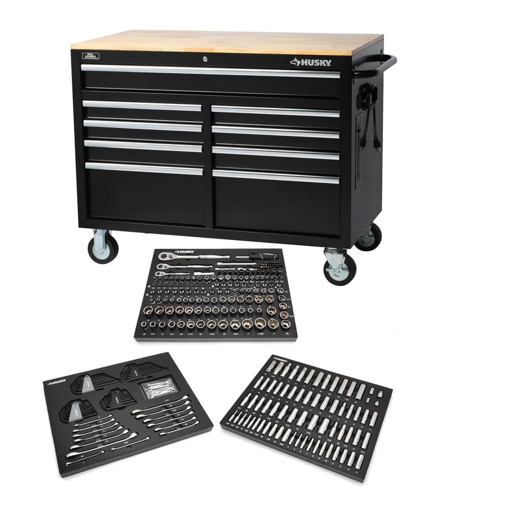 Husky 46 In. W X 24.5 In D Standard Duty 9-Drawer Mobile Workbench With Mechanics Tool Set (290-Piece) In EVA In Gloss Black 1 Husky 46 In. W X 24.5 In D Standard Duty 9-Drawer Mobile Workbench With Mechanics Tool Set (290-Piece) In EVA In Gloss Black
