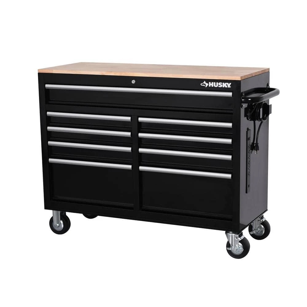 Husky 46 In. W X 18 In. D 9-Drawer Black Mobile Workbench Cabinet 1 Husky 46 In. W X 18 In. D 9-Drawer Black Mobile Workbench Cabinet