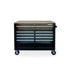 Husky 46 In. X 25 In. D 9-Drawer Mobile Workbench With Adjustable Height Wood Top In Gloss Black -Husky Shop gloss black with silver trim husky mobile workbenches holc4609b11m 1f 1000