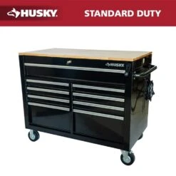 Husky 46 In. X 25 In. D 9-Drawer Mobile Workbench With Adjustable Height Wood Top In Gloss Black