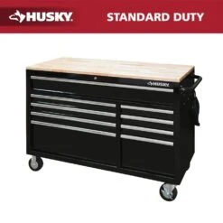 Husky 52 In. W X 25 In. D Standard Duty 9-Drawer Mobile Workbench Tool Chest With Solid Wood Top In Gloss Black