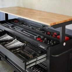 Husky 52 In W X 24.5 In. D Standard Duty 9-Drawer Workbench With 290-Piece Mechanics Tool Set In EVA Trays In Gloss Black -Husky Shop gloss black with silver trim husky mobile workbenches hotc5209b12mcmb 4f 1000