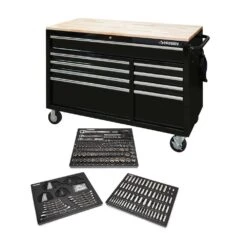 Husky 52 In W X 24.5 In. D Standard Duty 9-Drawer Workbench With 290-Piece Mechanics Tool Set In EVA Trays In Gloss Black
