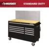 Husky 52 In. W X 24.5 In. D 9-Drawer Standard Duty Mobile Workbench Tool Chest With Solid Work Top And Pegboard In Gloss Black