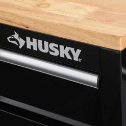 Husky 72 In. W X 24 In. D 18-Drawer Standard Duty Mobile Workbench Cabinet With Solid Wood Top And Pegboard In Gloss Black -Husky Shop gloss black with silver trim husky mobile workbenches hotc7218b13m 4f 1000