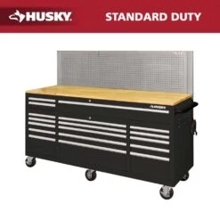 Husky 72 In. W X 24 In. D 18-Drawer Standard Duty Mobile Workbench Cabinet With Solid Wood Top And Pegboard In Gloss Black